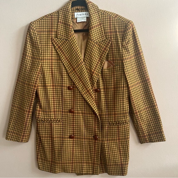 Portara Wool Double Breasted Checkered Brown Vintage Blazer 70s 80s Size 14 - Picture 1 of 15